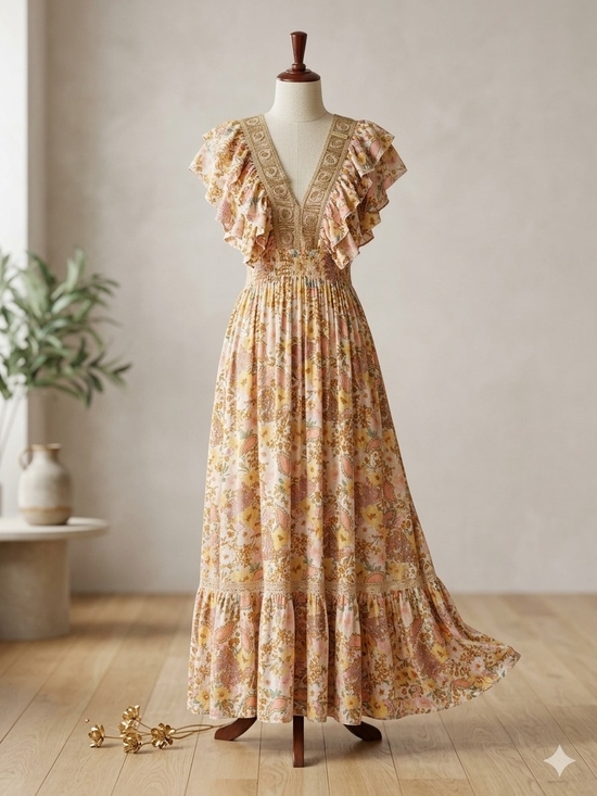 ANGELEYE Dresses & Skirts - Angeleye  Floral Ruffled V‑Neck Maxi Dress in Pink and Yellow